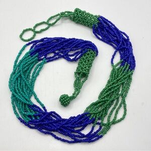Blue & Green Seed Beads Artisan Made Multi-Strand Necklace